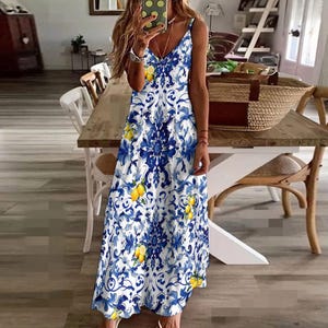 Blue baroque Italian tiles lemon,Sling Ankle Long Dress