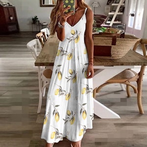 Summer,citrus ,lemon fruit,Mediterranean,Sling Ankle Long Dress