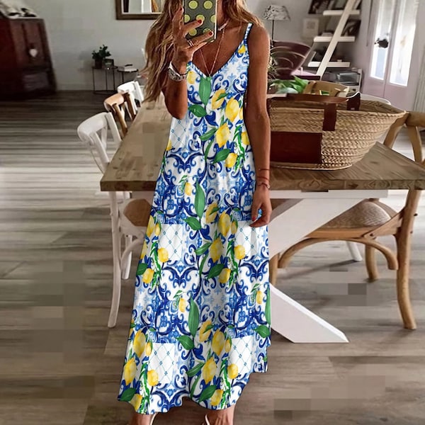 Sicily inspired,lemon,citrus,summer,majolica,Sling Ankle Long Dress