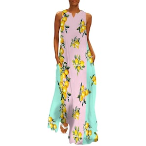 Pink and blue summer Mediterranean lemon,Long dress