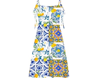 Sicilian tiles,lemon,Mediterranean,All-Over Print Women's Tie Shoulder Cami Dress