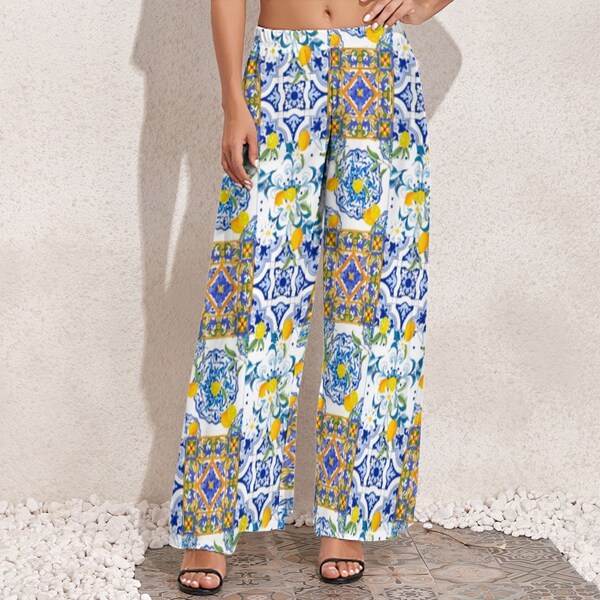 Mediterranean style,lemons,summer,NP Women's Personalized Wide Leg Pants