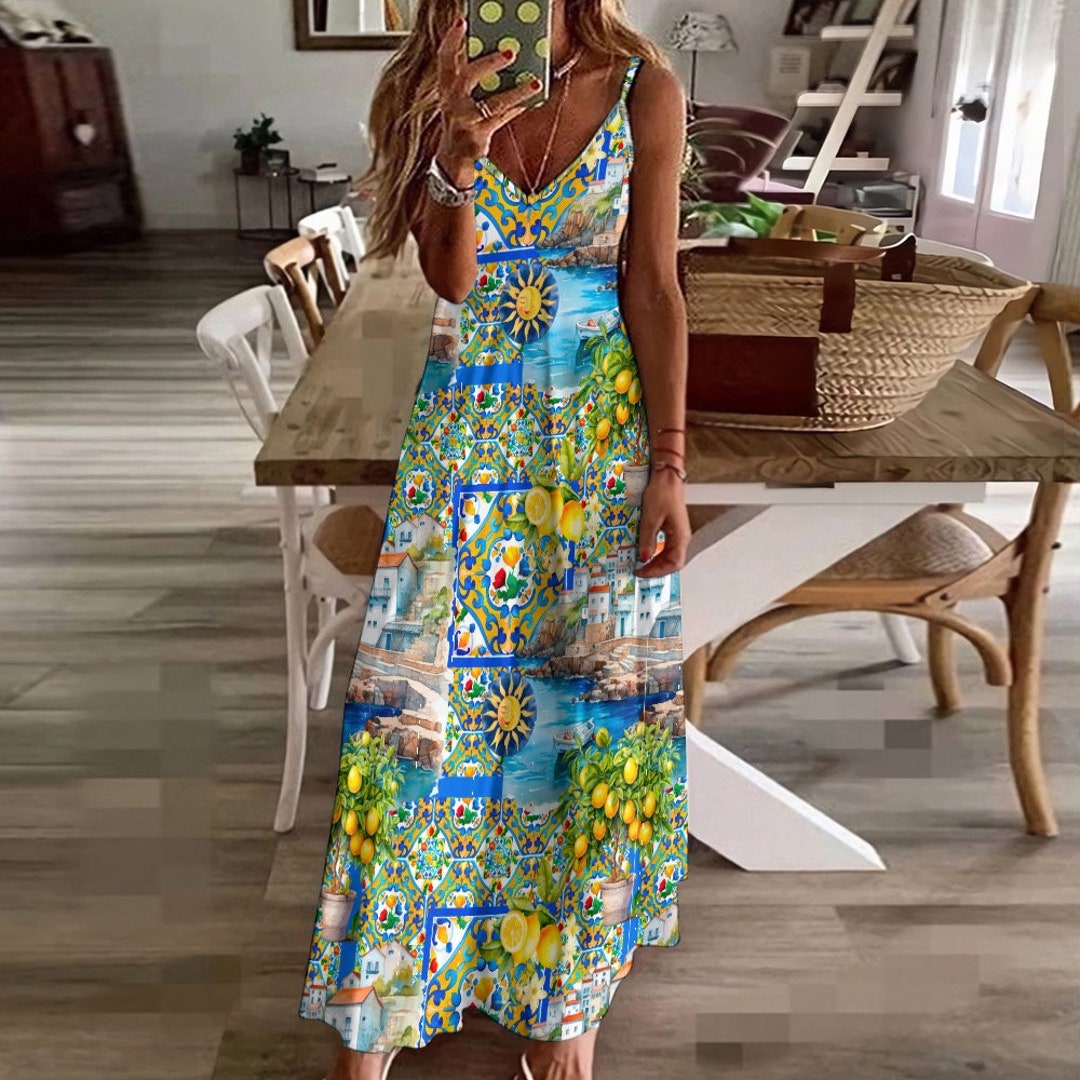 Summer,sicilian,majolica, Mosaic Art ,lemon,sling Ankle Long Dress