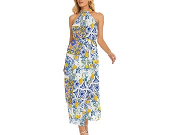 Sicilian tiles,majolica,lemons,All-Over Print Women's Wrap Hem Belted Halter Dress
