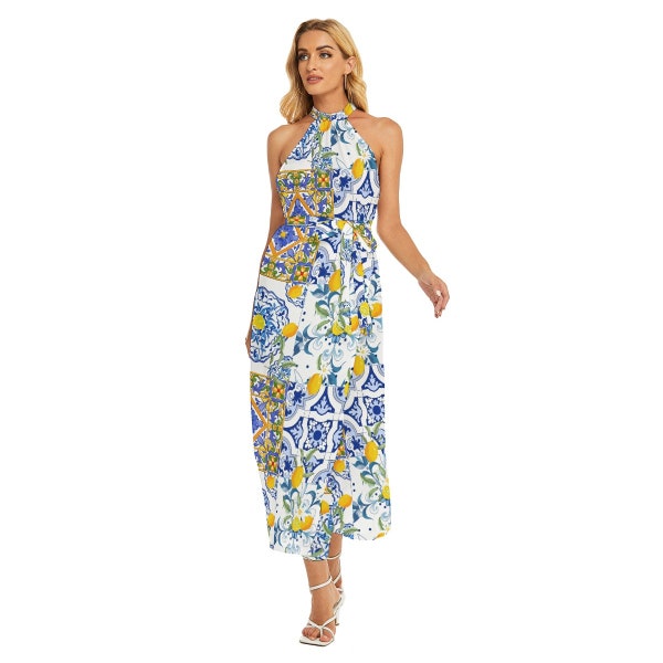 Sicilian tiles,majolica,lemons,All-Over Print Women's Wrap Hem Belted Halter Dress