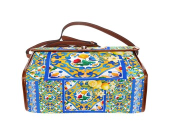 Summer,Sicilian,majolica, mosaic art ,lemon,Waterproof Canvas Bag-Brown (All Over Print) (1641)