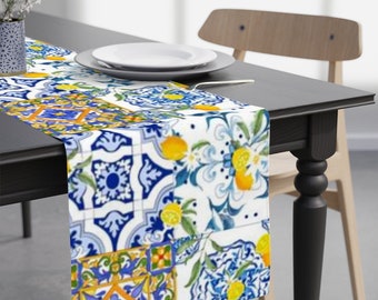 Summer ,Sicilian tiles ,azulejo,majolica,lemons Table Runner