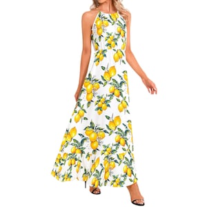 Lemon citrus summer Mediterranean,Ruffle Hem Halter Neck Maxi Dress