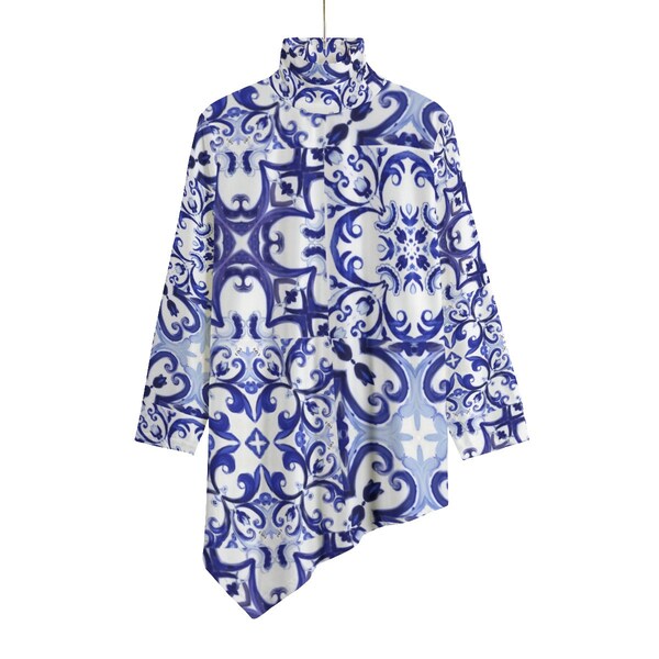 Mediterranean style,majolica,summer,Sicilian tiles,All-Over Print Women's Turtleneck T-shirt With Sloping Hem