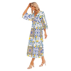 Robe longue d'été, style sicilien, citron, imprimé all-over pour femme à manches mi-longues