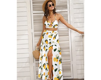 Summer,lemons,citrus All-Over Print Women's Tie Back Wrap Dress