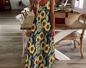 Summer,sunflower,Sling Ankle Long Dress