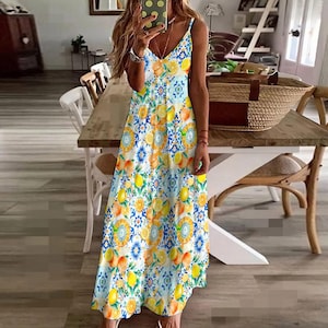 Summer citrus lemon vibrant Italian majolica,Sling Ankle Long Dress