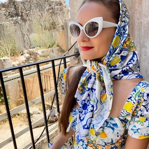 Lemon,citrus,Sicilian tiles,All-Over Print Unisex imitation Silk Scarf