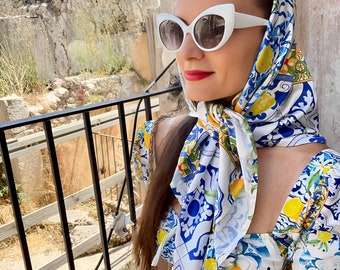 Lemon,citrus,Sicilian tiles,All-Over Print Unisex imitation Silk Scarf