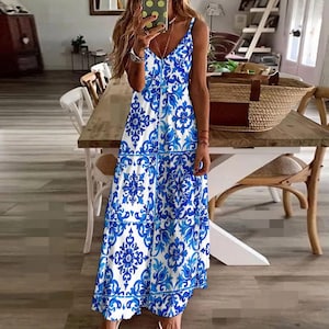 Blue mosaic,Italian majolica,summer,Sling Ankle Long Dress