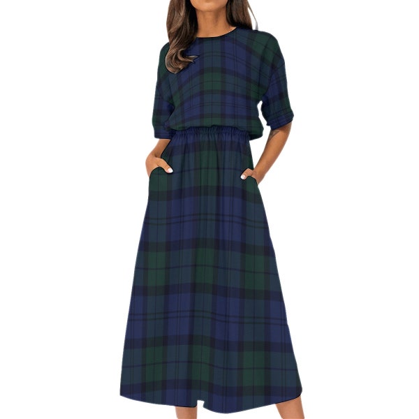 Polyester,dünner Stoff,Tartan,kariert,Karo,Schottischer Stil,All-Over Print Damen Elastisches Taillenkleid