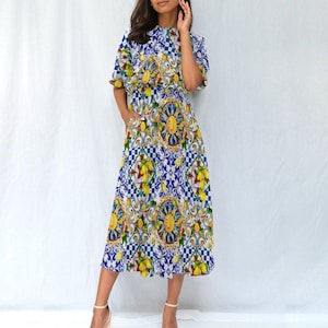 Sicilian sun,majolica,lemon,Mediterranean tiles,Women&#39;s Elastic Waist Dress