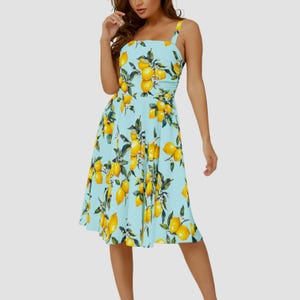 Lemon citrus summer Mediterranean,Sleeveless Square Neck Flare Hem Midi Dress