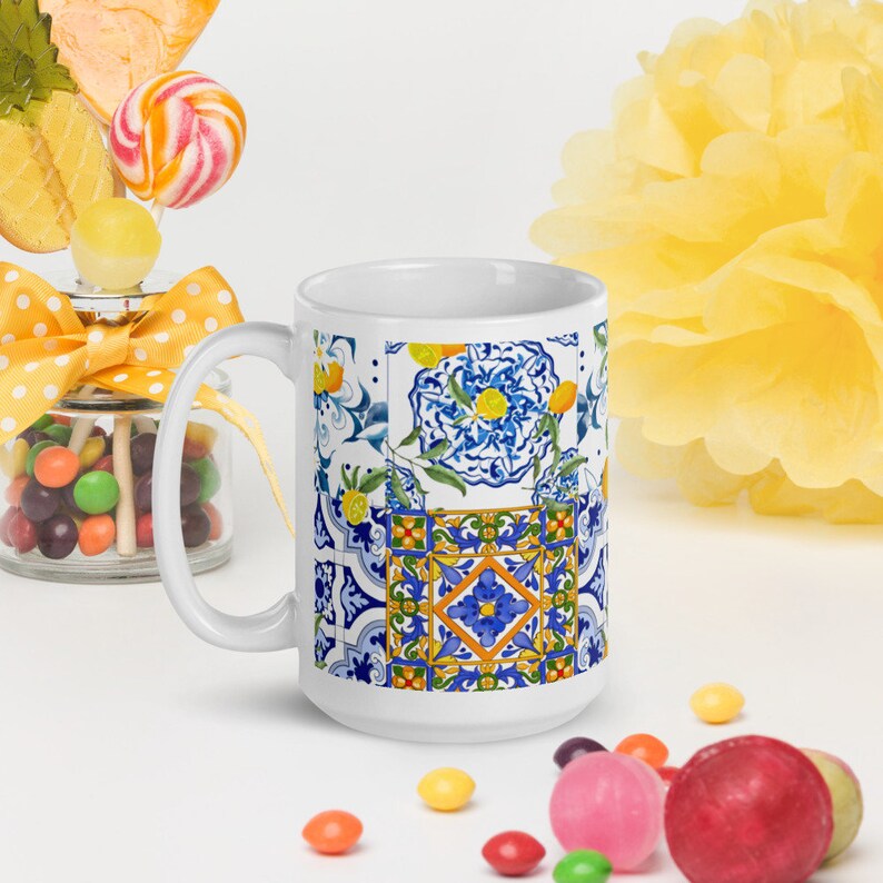 Sicilian style, citrus,summer,tiles.White glossy mug zdjęcie 2