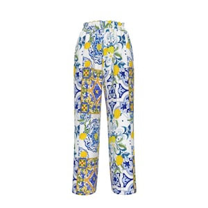 Majolica,lemons,Sicilian tiles,All-Over Print Women&#39;s Faux Silk Wide-Leg Pants