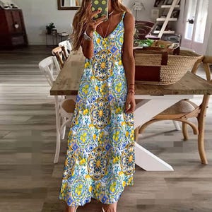 Sicilian sun Summer lemon majolica,Sling Ankle Long Dress