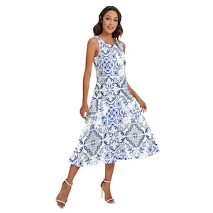 Blaue Fliesen, portugiesische Fliesen All-Over Print Ärmelloses Kleid für Frauen mit diagonaler Tasche