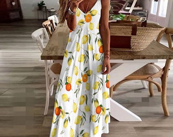 Summer,Mediterranean,citrus,lemon,Sling Ankle Long Dress