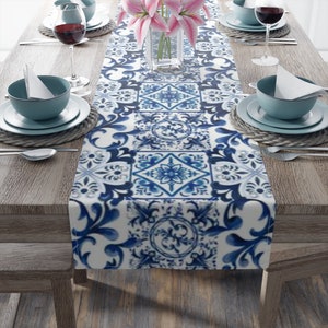 Majolica ,Sicilian tiles ,Mediterranean art,blue tiles, Table Runner (Cotton, Poly)