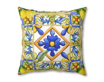 Majolica, Sicilian style,tiles,lemons Spun Polyester Pillowcase