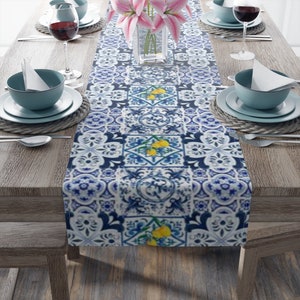Majolica ,lemons,Sicilian tiles ,Mediterranean art,blue tiles, Table Runner (Cotton, Poly)