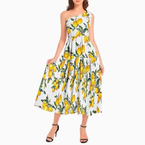 Lemon citrus summer Mediterranean,Ruffle Hem One Shoulder Midi Dress