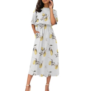Summer,citrus ,lemon fruit,Mediterranean,Women&#39;s Elastic Waist Dress
