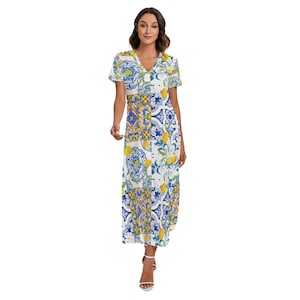 Lemons,majolica,Sicilian style All-Over Print Women&#39;s V-neck Dress With Short Sleeve