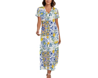 Lemons,majolica,Sicilian style All-Over Print Women's V-neck Dress With Short Sleeve