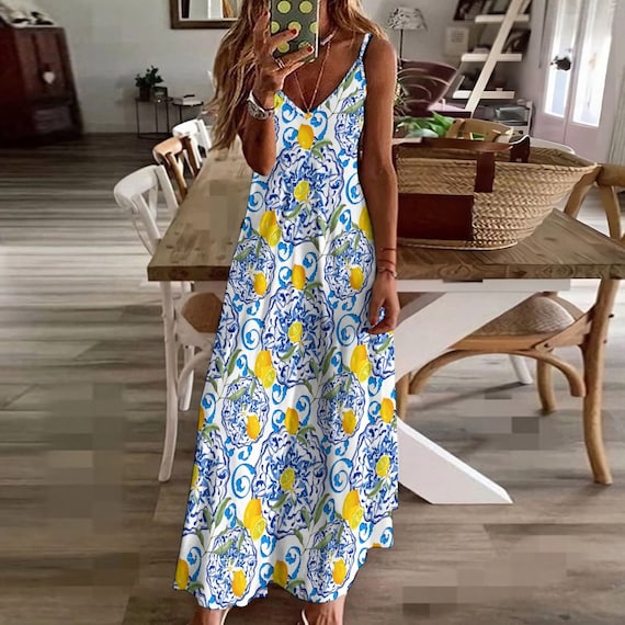 Amalfi,Positano inspired,lemon,summer,Sling Ankle Long Dress Size: XL US  women's letter