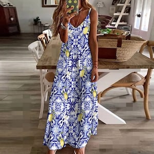 Summer,citrus,Sicilian,Mediterranean style,lemon,majolica,Sling Ankle Long Dress