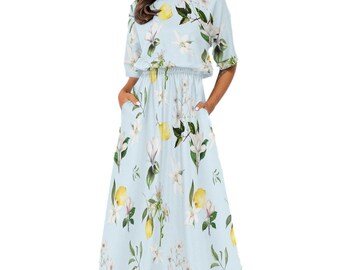 White flowers,magnolia,lemon,Mediterranean,summer,All-Over Print Women's Elastic Waist Dress