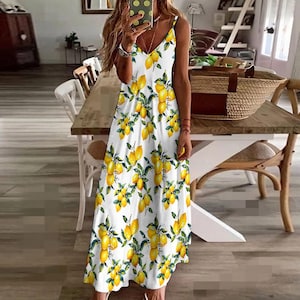 Mediterranean lemon summer ,Sling Ankle Long Dress