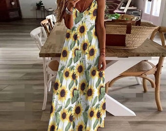 Sunflower Pattern Dress, Ankle-length Slip Dress (all-over