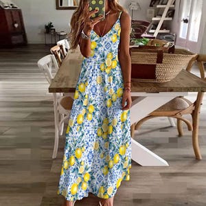 Summer lemon vibran Italian majolica,Sling Ankle Long Dress