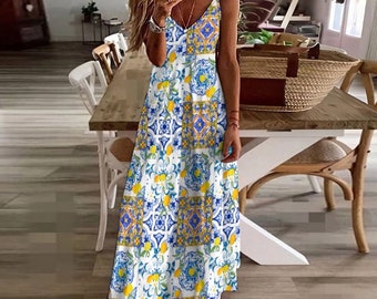 Lemon,majolica,Sicilian tiles,Sling Ankle Long Dress
