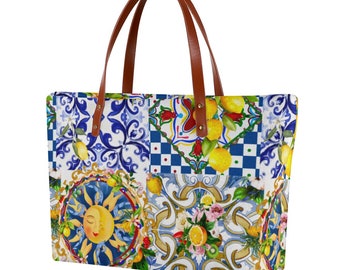 Sicilian sun,majolica,lemon,Mediterranean tiles Women's Tote Bag | Diving Cloth