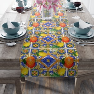 Majolica,Sicilian tiles,lemons,citrus Table Runner (Cotton, Poly)
