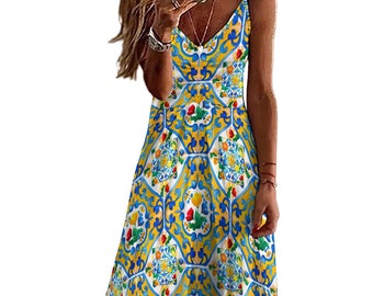 Summer,Sicilian,majolica, mosaic art ,lemon,Long suspender dress