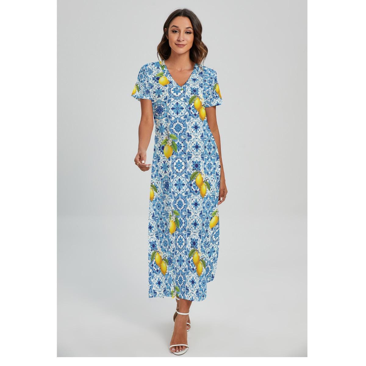 Blue,Mediterranean tiles,lemon,summer,Women's V-neck Dress With Side Slit