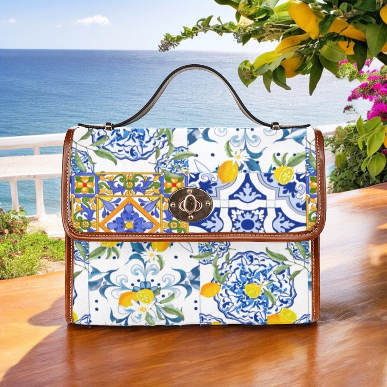 Sicily,Italy inspired,majolica,lemon art,Waterproof Canvas Bag-Brown