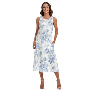 Porcelain,blue flowers,floral toile,roses,All-Over Print Women&#39;s Sleeveless Dress With Diagonal Pocket