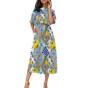 Sicilian style,lemons,majolica ,Women&#39;s Elastic Waist Dress