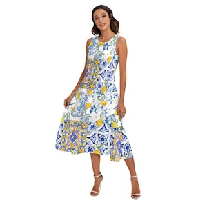 Majolica, Fliesen, Zitronen, sizilianische Fliesen All-Over Print Ärmelloses Kleid für Frauen mit diagonaler Tasche